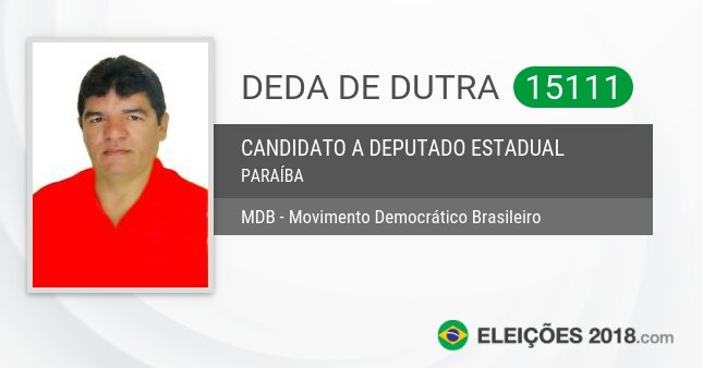 Santinho de Deda de Dutra - 15111 - Candidato a Deputado Estadual