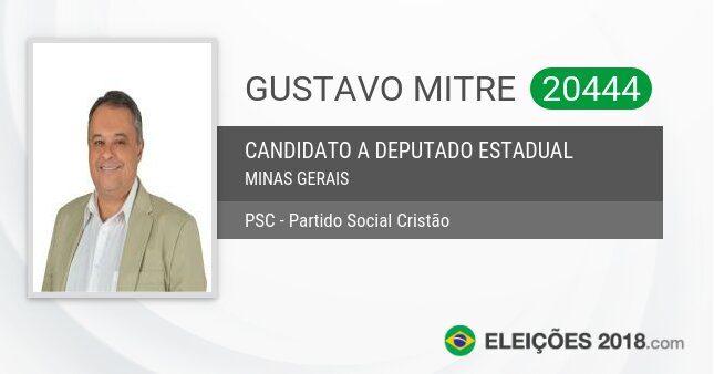 Santinho de Gustavo Mitre - 20444 - Candidato a Deputado Estadual