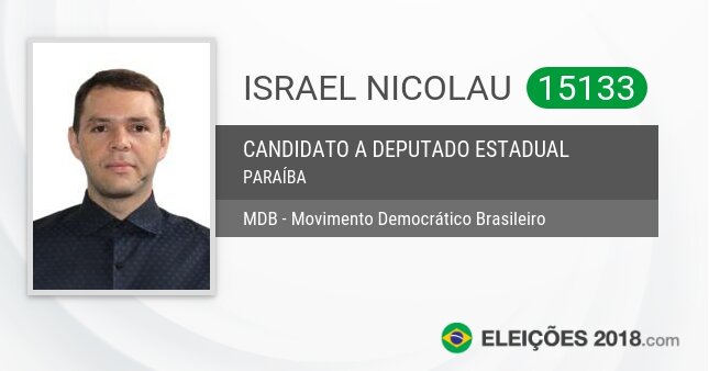 Santinho de Israel Nicolau - 15133 - Candidato a Deputado Estadual